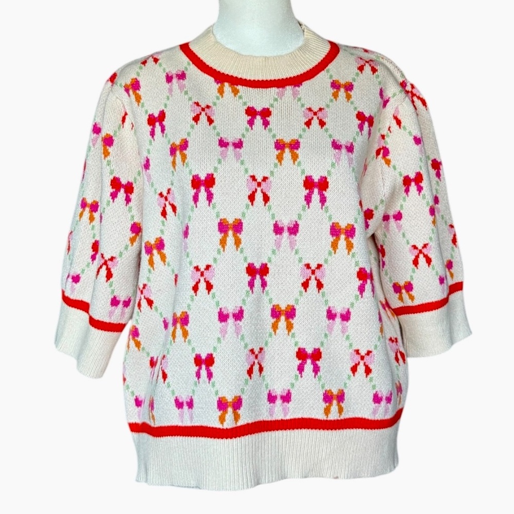 THML Pretty In Bows Short Sleeve Crew Neck Sweater Sz L